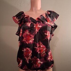 LOFT Floral Ruffle Sleeve Blouse Size M Black & Pink Flowy Top